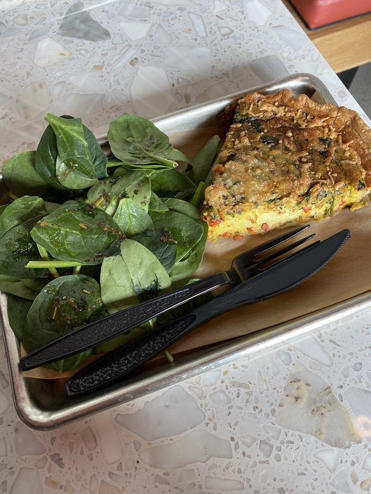 Veggie Quiche · Egg, spinach, sun-dried tomato, chives, potatoes, bell peppers, Monterrey cheese, flaky pie crust. Vegetarian.