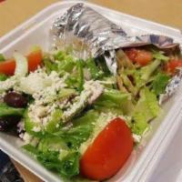 Greek Salad · Romaine lettuce, tomatoes, cucumber, bell peppers, Kalamata olives, onion and feta cheese. G...