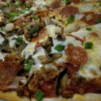 Bordy's Special Pizza · Sausage, pepperoni, beef, cappacola, mushrooms, onions, green peppers and black olives.