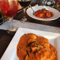 Lobster Ravioli · Lobster ravioli in our vodka sauce topped with jumbo shrimp and lobster.