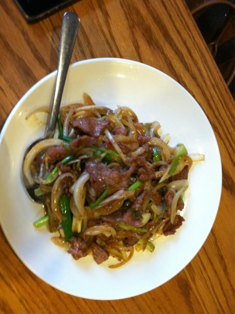 Mongolian Beef · Beef stir-fried with onions and scallions. Hot and spicy.
