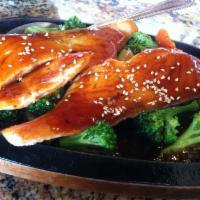 Salmon Teriyaki · Served with miso soup, green salad and rice.