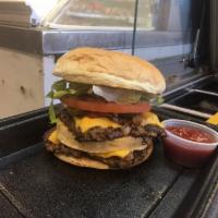 Double Cheeseburger · Lettuce, tomato, pickles, raw onions, ketchup, mustard, & mayo on a bakery fresh butter toas...