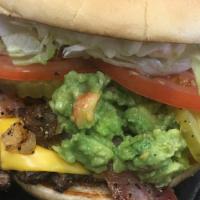 Bacon Cheeseburger · Lettuce, tomato, pickles, raw onions, ketchup, mustard, & mayo on a bakery fresh butter toas...