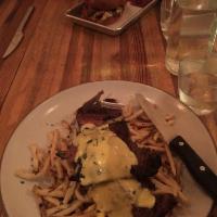 Steak Frites · Grass fed bavette 7oz, bearnaise and kennebeck house cut fries.