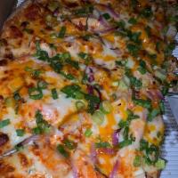 Buffalo Chicken Pizza · White garlic sauce, original crust, mozzarella cheese, chicken, red onions, green onions che...