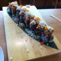 Sun Fire Roll · Spicy crunch tuna, crab meat top with salmon, eel and avocado with special sauce.