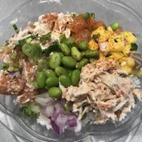 King Salmon Bowl · White rice, salmon, togarashi sauce, shallot cream cheese, pickled jalapenos, scallions, and...