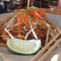 Pad Thai · Stir fried thin rice noodles with egg, bean sprouts and ground peanuts.  Comes with choice o...