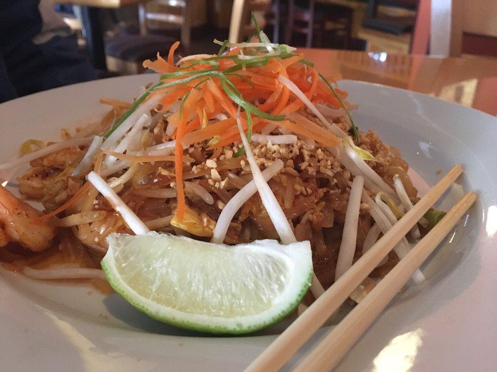 Pad Thai · Stir fried thin rice noodles with egg, bean sprouts and ground peanuts.  Comes with choice of protein. Gluten free.