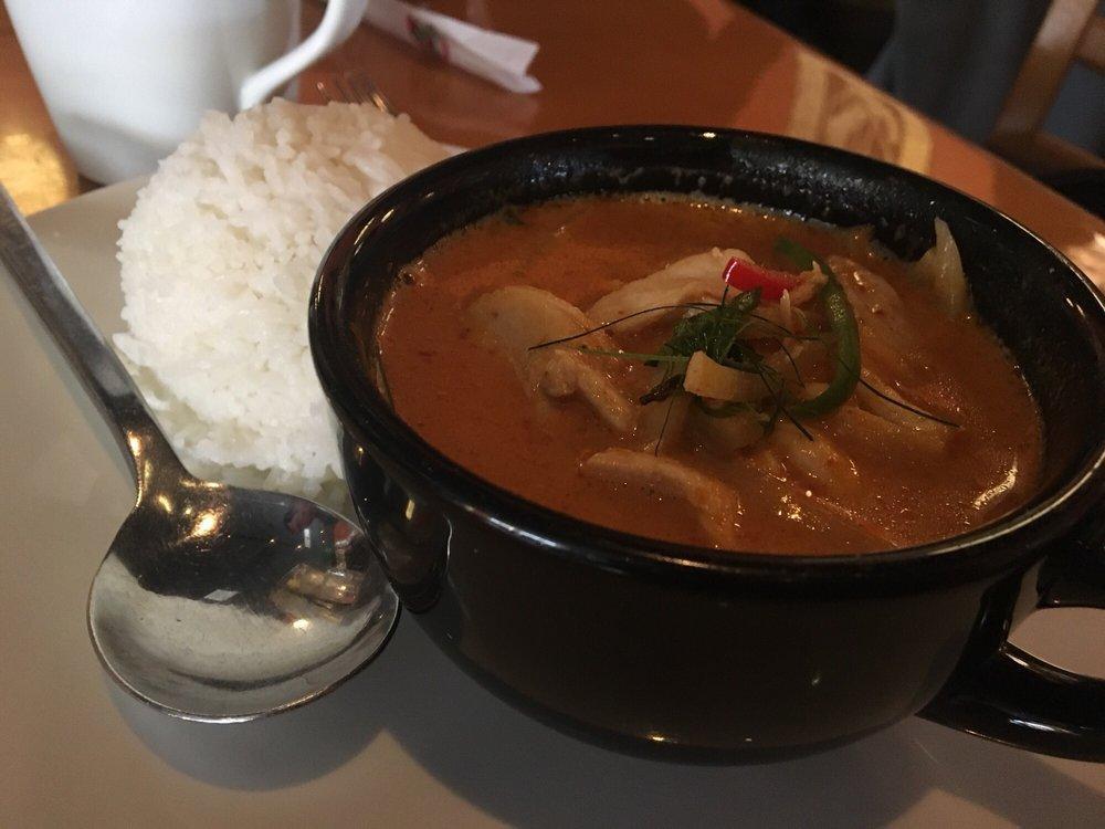 Red Curry · Red curry paste, coconut milk, bell peppers, bamboo shoots and basil leaves. Comes with choice of protein. Gluten free.