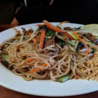 Pad Thai · Thai thin-wide rice noodles pan seared with eggs, carrots, bean sprouts, onions and basil le...