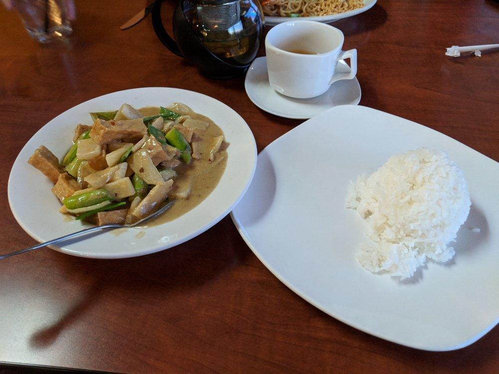 Green Curry · Stir fried asparagus, peapods, bamboo and yellow onions. Served with steamed jasmine white rice. Gluten-free, spicy, vegan and vegetarian.