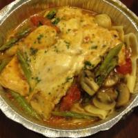 Chicken Maximo · Fresh and sun-dried tomatoes, mushrooms, asparagus, and Sherry wine topped with mozzarella o...