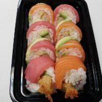 Jessica Roll · Inside: Shrimp tempura, crabmeat and avocado. Outside: Salmon, tuna and avocado.