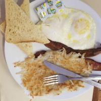 The Early Birds Breakfast · 2 organic eggs any style, side hash browns or potatoeschoice of protein meat option and toast.