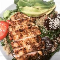 Wellness Chicken Salad · Grilled chicken breast, organic baby arugula,lettuce quinoa, mushrooms, cucumbers, beets, to...