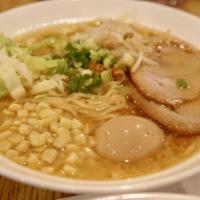Miso Ramen · Miso flavored chicken broth, topped with chashu, corn, soft boiled egg, bean sprout, cabbage...
