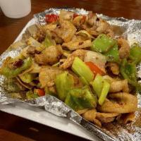 Twice Cooked Pork · Pork slices stir fried with bell pepper and scallion and mid spicy dish. Please notate the o...