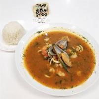Parihuela · Delicious and aphrodisiacal soup made of fish, octopus, calamari, shrimp and mussels with Pe...