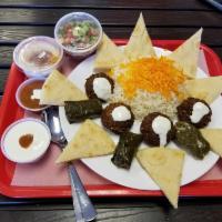 Veggie Plate · Served with falafels, fluffy rice topped with saffron, dolma, pita bread, hummus, tzatziki, ...
