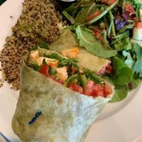 Transcendence Wrap · Grilled tofu, avocado, Thai peanut sauce, Sriracha, basil, green onion, tomato, spinach wrap...