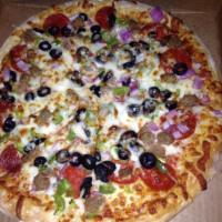 Grand Slam Pizza · Pepperoni, Italian sausage, mushrooms, green peppers, onions, ground beef and black olives. 
