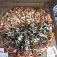 Supreme · Pepperoni, ham, white mushrooms, green bell peppers, black olives, red onions and Italian sa...