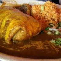 Chimichanga · A large flour tortilla filled with choice of ground chuck or spiced chicken deep fried and c...