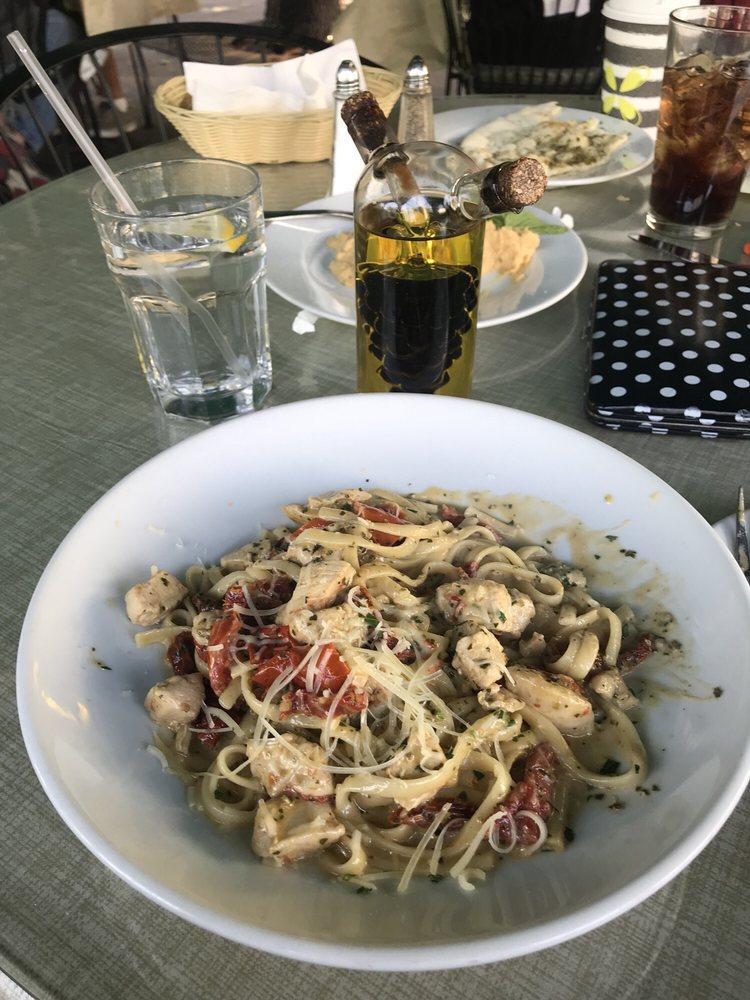 Linguine · Served with sauteed chicken breast, wine, garlic and sun-dried tomatoes in a light pesto cream sauce, topped with Parmesan and chopped parsley.