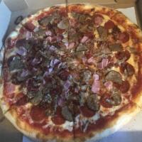Meat Lovers Pizza · Pepperoni, sausage, ham, meatball & bacon. 

