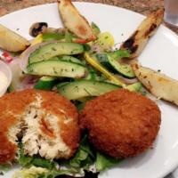 Crab Cake Salad · Fried crab cake, romaine & spring mix, avocado, corn relish, Old Bay with cayenne ranch dres...