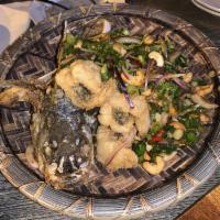 Pla Tod · Crispy rock, fish, mango and crispy Lao herb.