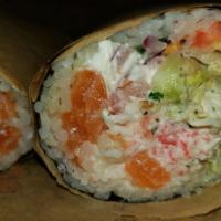 Sunny Salmon · Salmon, surimi crab, cream cheese, lettuce, pico de gallo, crispy wonton strips, creamy cila...