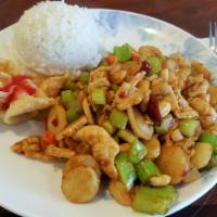 Kung Pao Chicken · White meat chicken, celery, water chestnuts and peanuts in chili sauce. Hot and spicy.