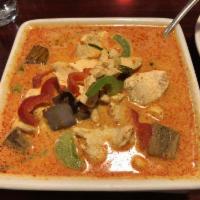 Panang Curry · Eggplant, red and green bell peppers, coconut milk, lime leaf and panang curry paste.