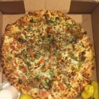 White Pizza · Olive oil, provolone, mozzarella, Parmesan cheese, beef, oregano, basil, onions, green peppe...
