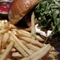 Fresno Fig Burger · Fig marmalade, melted goat cheese, bacon, tomatoes, red onions, arugula, and spicy porter mu...