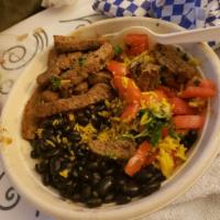 Casado Bowl · Choose gyro-style beef and lamb, chicken or falafel, rice, black beans, plantains, avocado s...