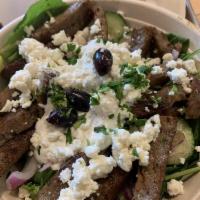 Greek Gyro Bowl · Choose gyro style beef and lamb or chicken, lettuce, tomatoes, onions, feta Kalamata olives ...