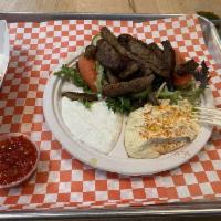 Greek Gyro Platter · Served gyro-style beef and lamb, Greek salad, hummus, pita  and tzatziki sauce.