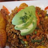 Chaulafan · Mixed fried rice with pork, sausage, beef, chicken, scrambled egg. Served with avocado and f...