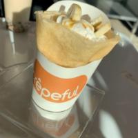 Fluffy Nutty Monkey Crepe · Peanut butter, marshmallow fluff, whip, banana & caramel drizzle.