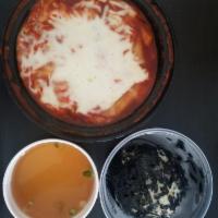 Assorted Yupgi Topokki · Served with rice cake, fish cake, Vienna sausage class noodle, cabbage, boiled egy and mozza...