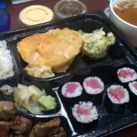 Bento Box Dinner · Served with miso soup, house salad and rice.