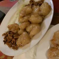 Prawns with Honey Walnuts · Deep-fried prawns topped with special sauce.