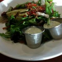 Roasted Chicken and Avocado Salad · Pulled roasted chicken, mixed greens, avocado, bacon, onion, red pepper, scallions, tomato, ...