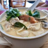 Tom Kha Soup · Coconut milk soup with all natural chicken or organic tofu, mushrooms, onion, tomatoes and T...