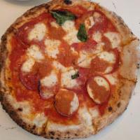 Bastardo Pizza · Fresh mozzarella, pepperoni, nduja (spicy spreadable pork sausage in ragu sauce), Pecorino R...