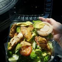Chicken Avocado Salad · Romaine lettuce, tomatoes, onions, bacon, avocado and shredded cheddar jack cheese.